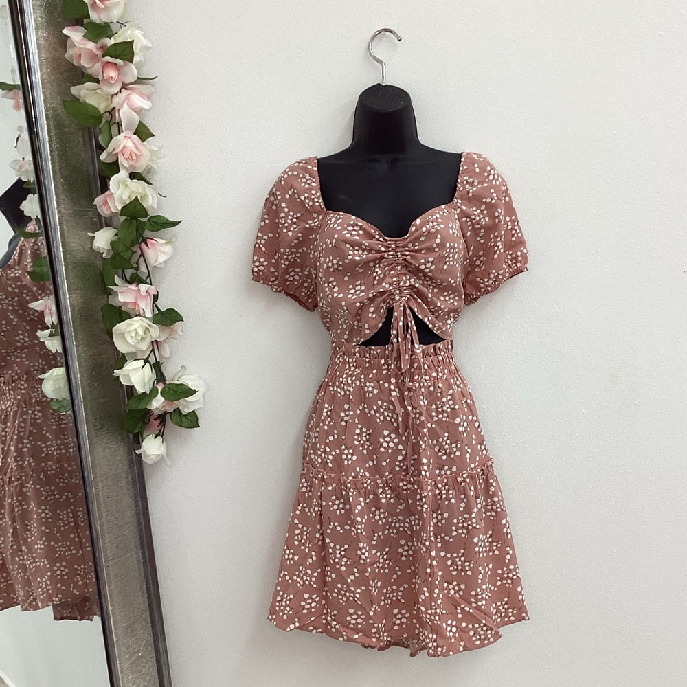 Venus pink white floral smocked crop top & above knee skirt set